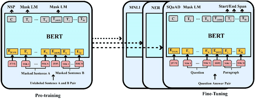 The architecture of BERT along with overall pretraining and finetuning procedures